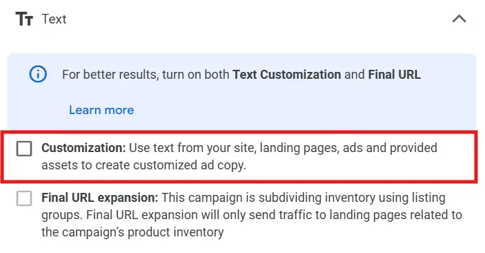 text customization google ads