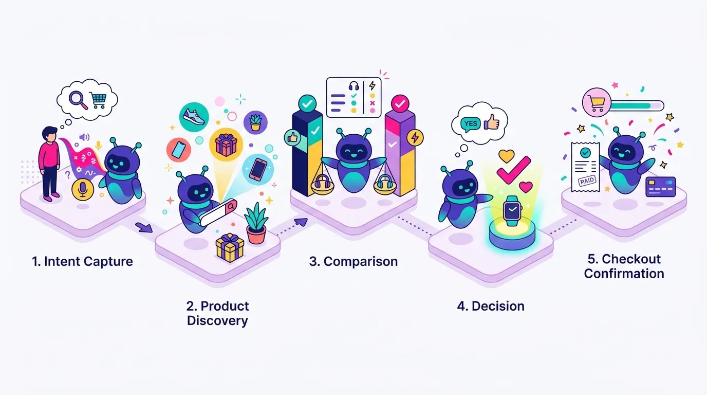 Infographic showing the five-step agentic commerce flow: intent capture, product discovery, comparison, decision, and checkout confirmation, with icons representing an AI agent moving through each stage