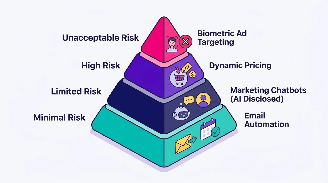 Four-tier pyramid diagram showing EU AI Act risk categories (Unacceptable, High, Limited, Minimal) with marketing and advertising examples mapped to each level, such as chatbots, dynamic pricing, and biometric ad targeting