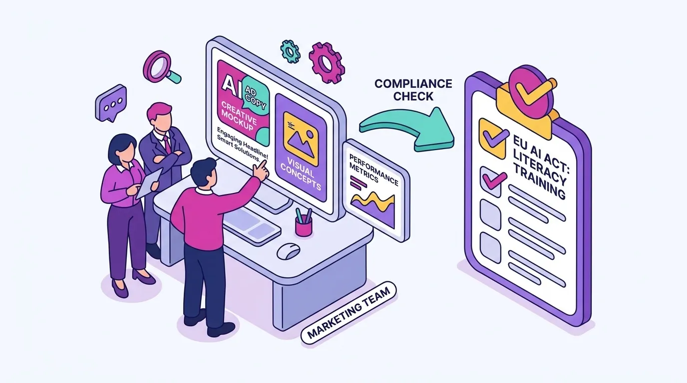 Illustration of a marketing team reviewing AI-generated ad copy and creative on screens, with a checklist icon representing the Article 4 AI literacy training requirement under the EU AI Act
