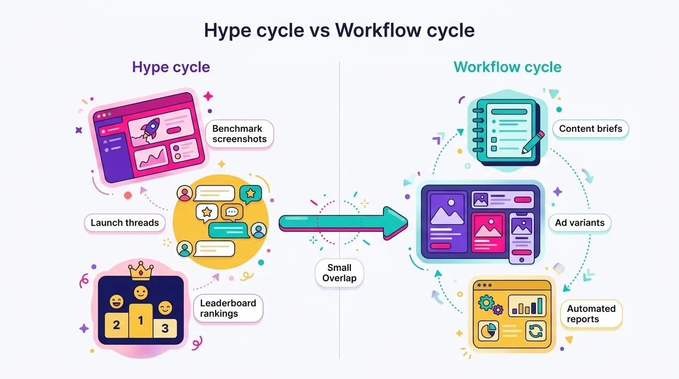 Side by side comparison diagram titled "Hype cycle vs workflow cycle", left column showing benchmark screenshots, launch threads and leaderboard rankings, right column showing marketing outputs like content briefs, ad variants and automated reports, with an arrow showing only a small overlap between the two