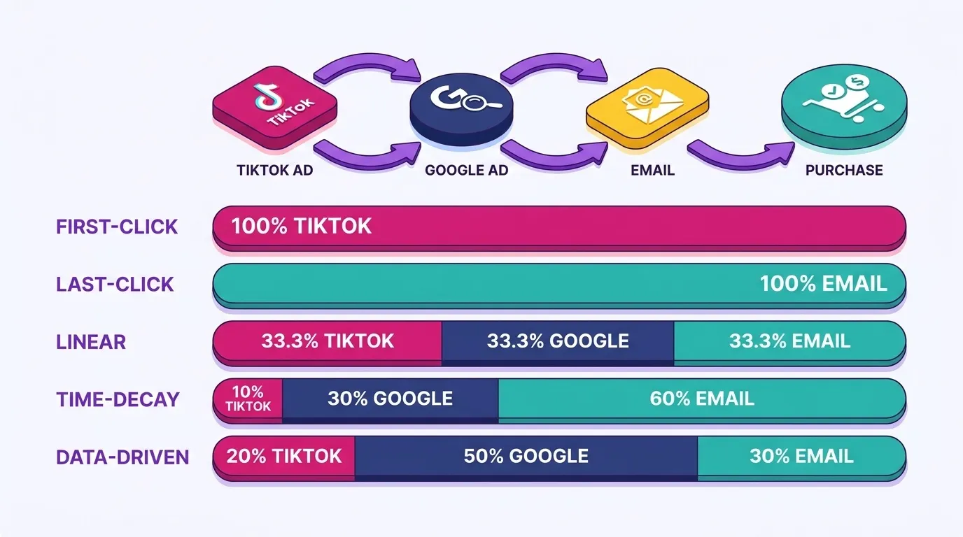 Infographic showing a single customer journey (TikTok ad, Google Ad, email) with five parallel bars showing how first-click, last-click, linear, time-decay, and data-driven attribution assign different percentages of credit to the same three touchpoints