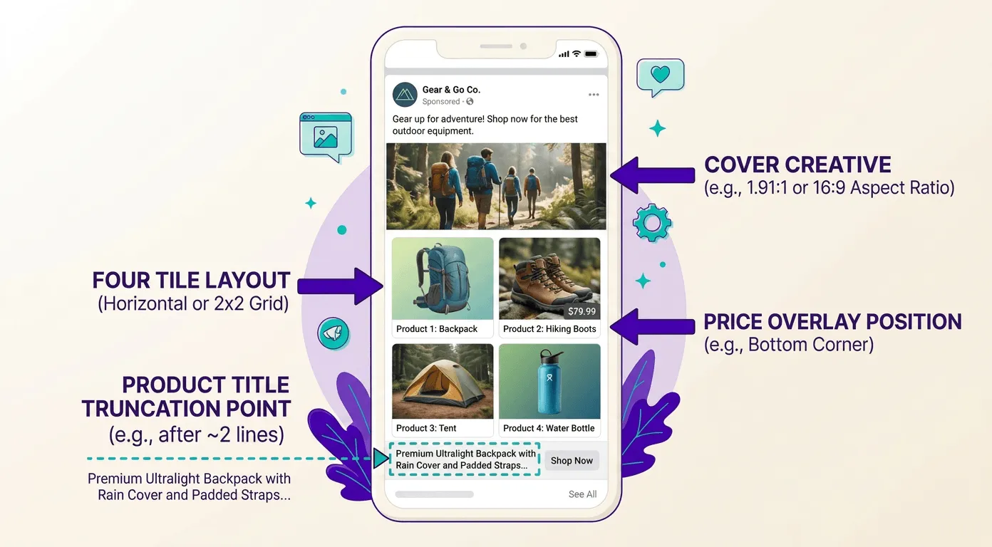 Annotated mockup of a Meta Collection Ad tile grid, labeling the cover creative dimensions, four tile layout, price overlay position, and product title truncation point