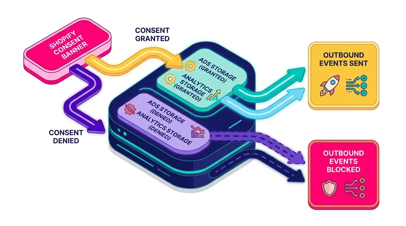 Diagram of consent signals flowing from a Shopify consent banner into a server-side container, showing granted and denied paths with ads storage and analytics storage states and their effect on outbound events