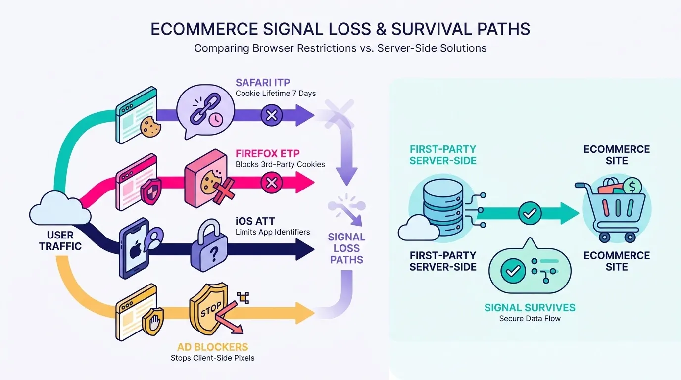 Diagram showing signal loss paths for an ecommerce site: Safari ITP capping cookie lifetime at 7 days, Firefox ETP blocking third-party cookies, iOS ATT limiting app identifiers, and ad blockers stopping client-side pixel requests, with a first-party server-side path surviving on the right