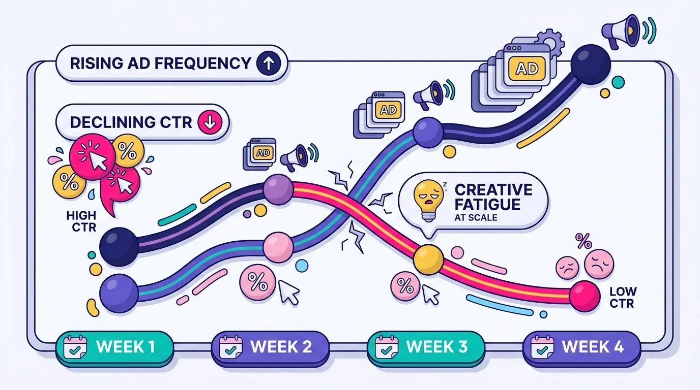 Chart showing the relationship between rising ad frequency and declining CTR over a 4-week period, illustrating creative fatigue at scale