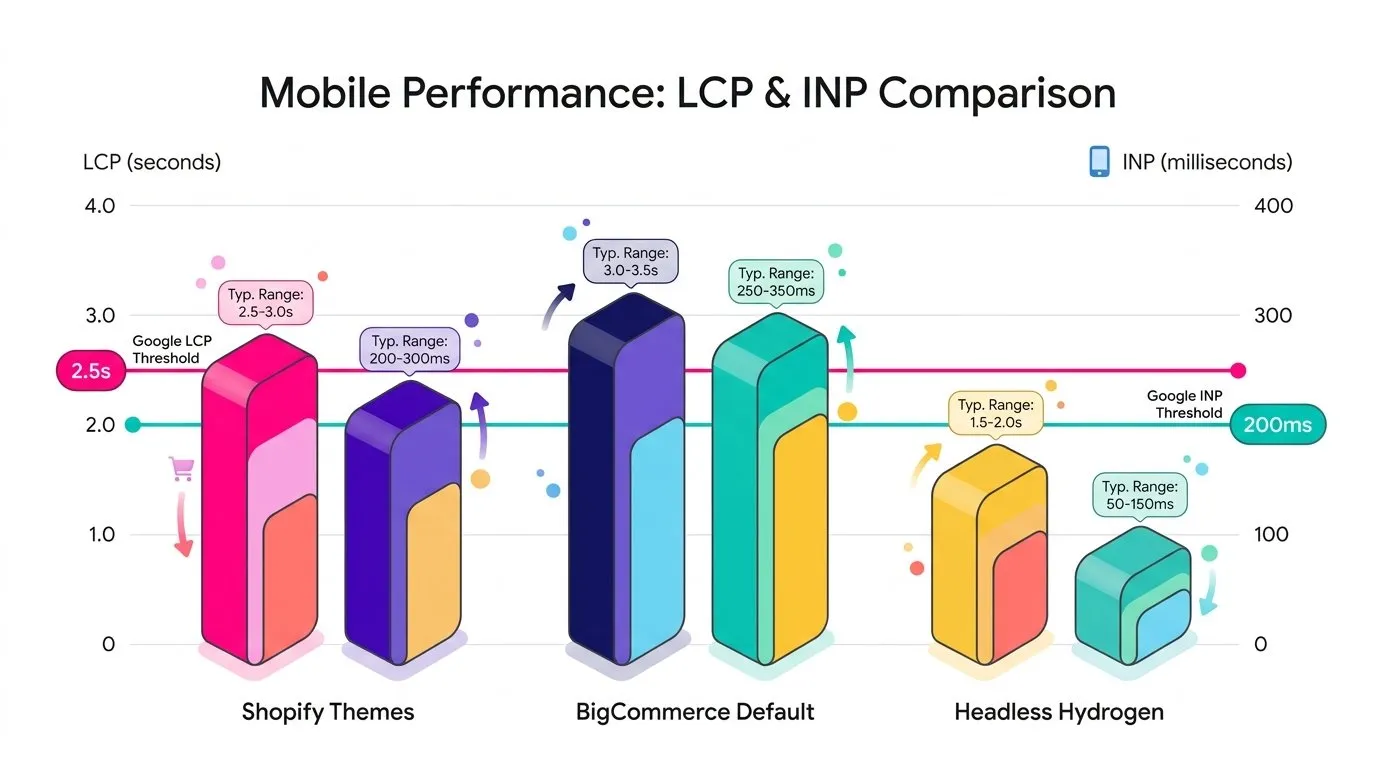 Bar chart comparing typical mobile LCP and INP ranges for Shopify themes, BigCommerce default stacks and headless Hydrogen storefronts, with Google's 2.5 second LCP and 200 millisecond INP thresholds marked as reference lines