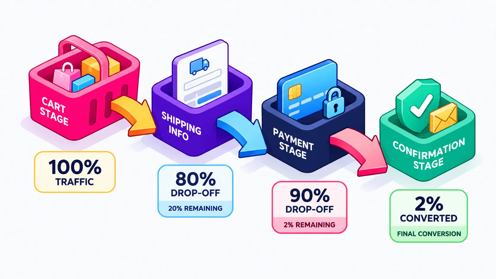 Four-stage funnel diagram showing Cart, Shipping and Info, Payment, and Confirmation with typical drop-off percentages between each stage, highlighting the Info and Payment stages as the heaviest leaks