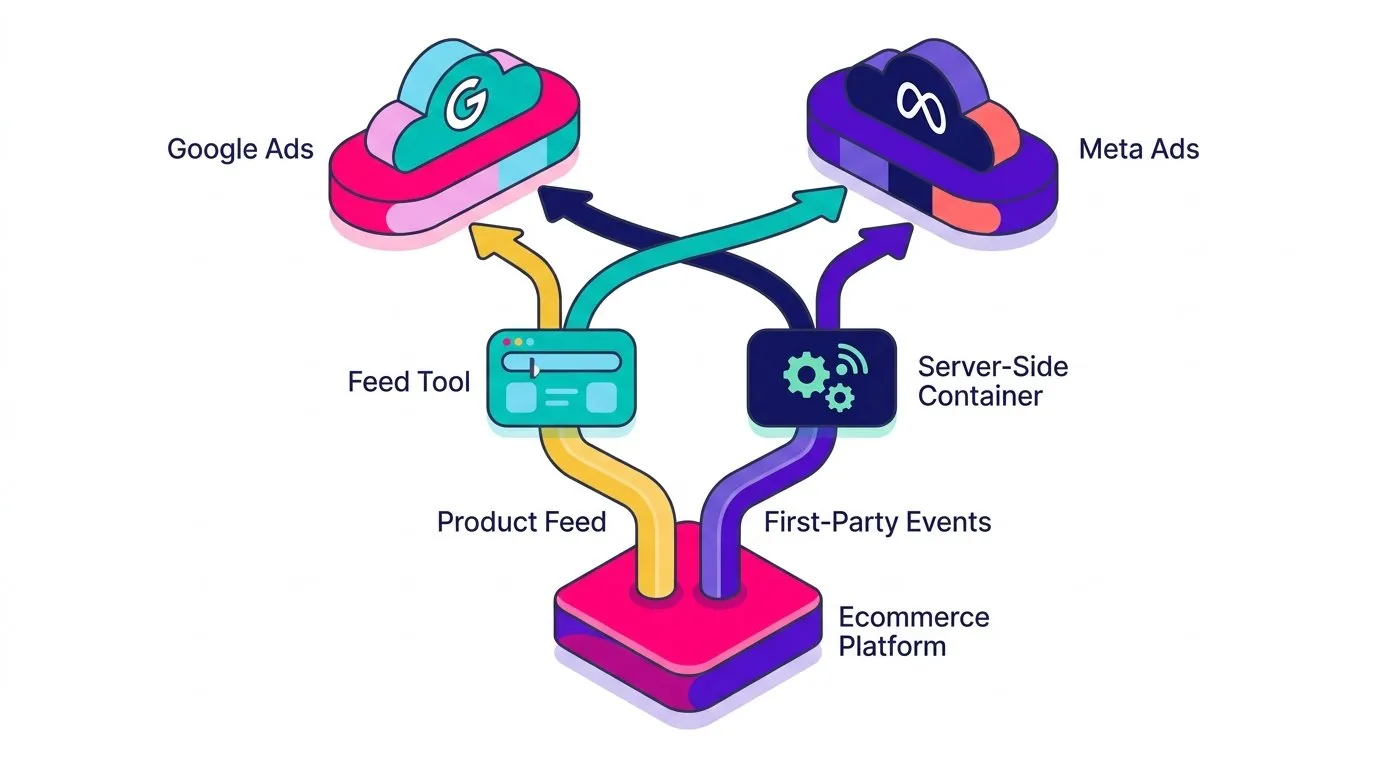Diagram of the performance stack for an ecommerce brand: the platform at the base feeding two parallel outputs, product feed and first-party conversion events, which flow through a feed tool and a server-side container into Google Ads and Meta ad platforms