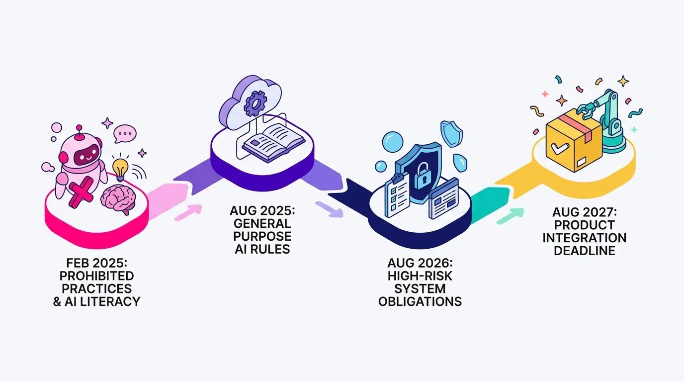 Horizontal timeline graphic showing four EU AI Act milestones: February 2025 prohibited practices and AI literacy, August 2025 general purpose AI model rules, August 2026 high-risk system obligations, August 2027 final high-risk product integration deadline