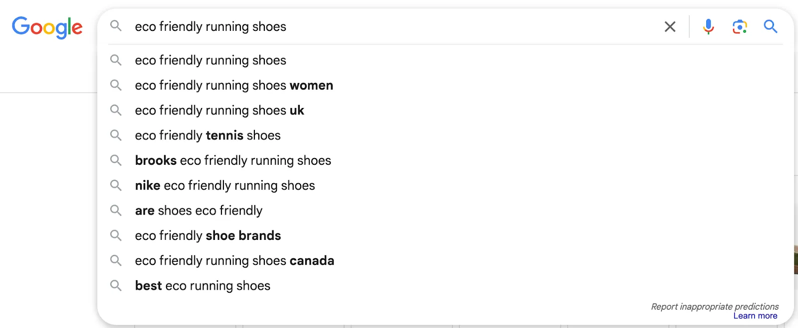 Google autocomplete suggestions for the keyword eco friendly running shoes, showing related long-tail search queries.