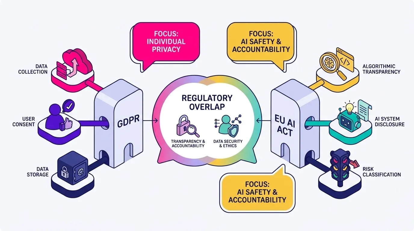 Side-by-side comparison callout graphic contrasting GDPR (data collection, consent, storage) with the EU AI Act (algorithmic transparency, AI system disclosure, risk classification), showing where the two regulations overlap and where they diverge