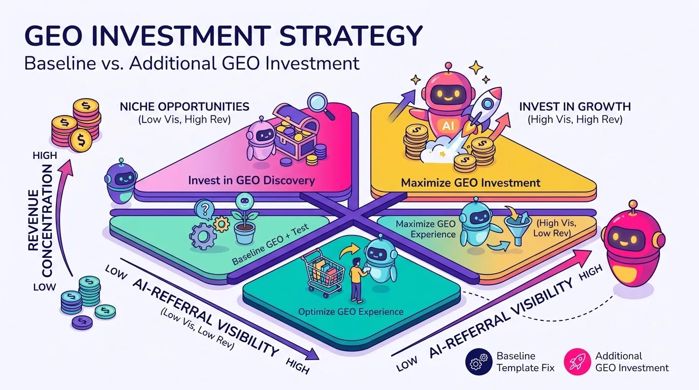 Two-by-two framework matrix plotting revenue concentration against existing AI-referral visibility, used to decide which ecommerce categories receive additional GEO investment beyond the baseline template fix