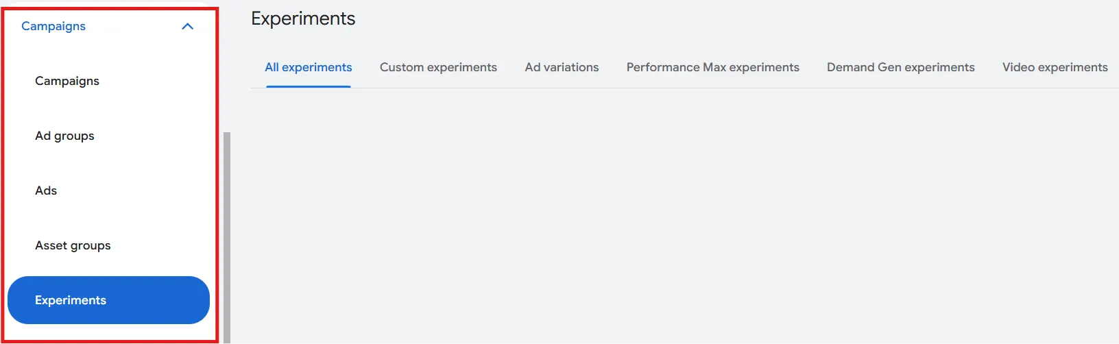 google ads experiments tab