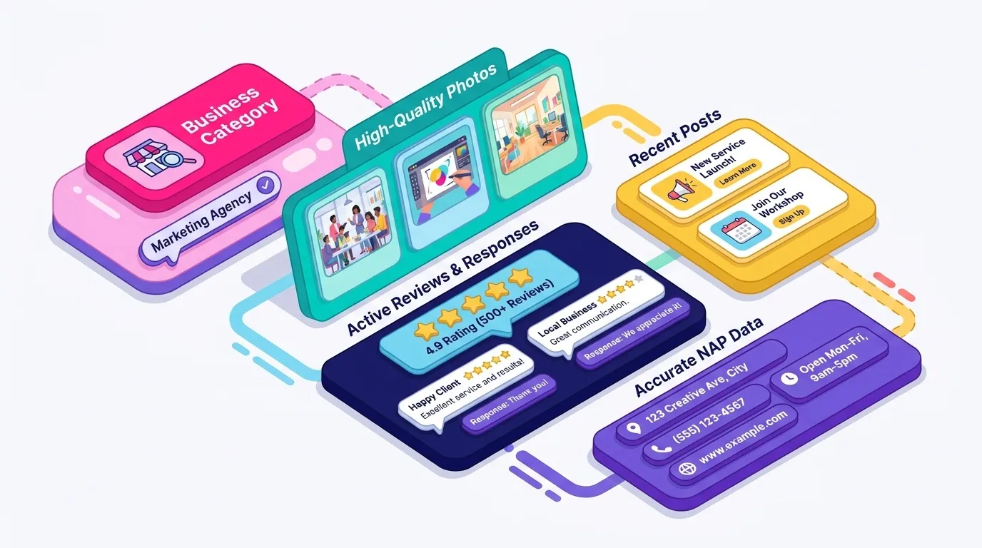 Annotated mockup of a well-optimized Google Business Profile showing complete business category, high-quality photos, recent posts, active reviews with responses, and accurate NAP data