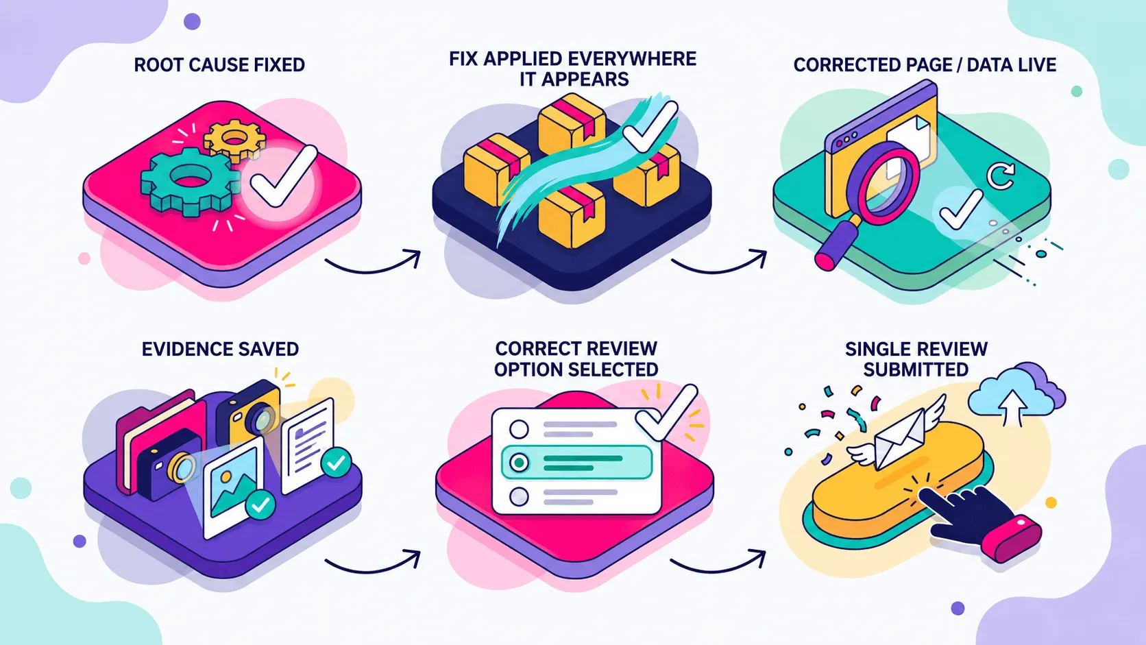Pre-appeal checklist graphic with six verification items: root cause fixed, fix applied across all affected SKUs, page re-crawled, dated screenshots ready, policy clause referenced, single appeal submitted