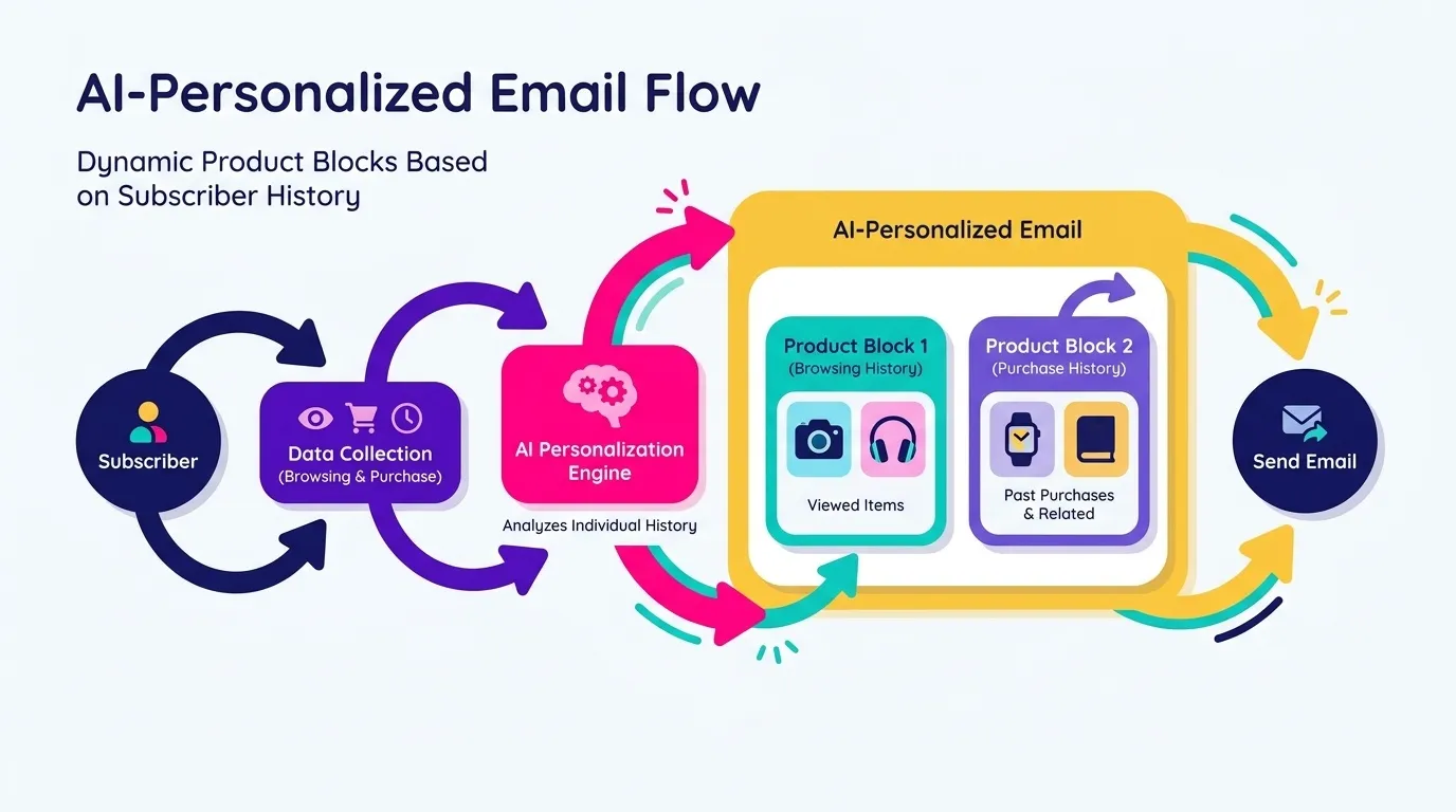 Diagram showing an AI-personalized email flow with dynamic product blocks changing based on individual subscriber browsing and purchase history