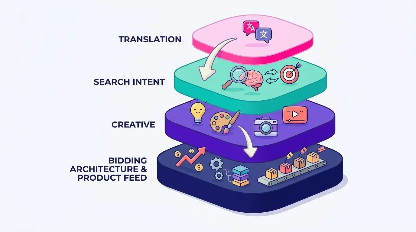 Infographic showing four stacked layers of localization for international performance marketing: a thin top layer labeled Translation, then thicker layers below for Search Intent, Creative, Bidding Architecture and Product Feed, illustrating that translation is only the surface