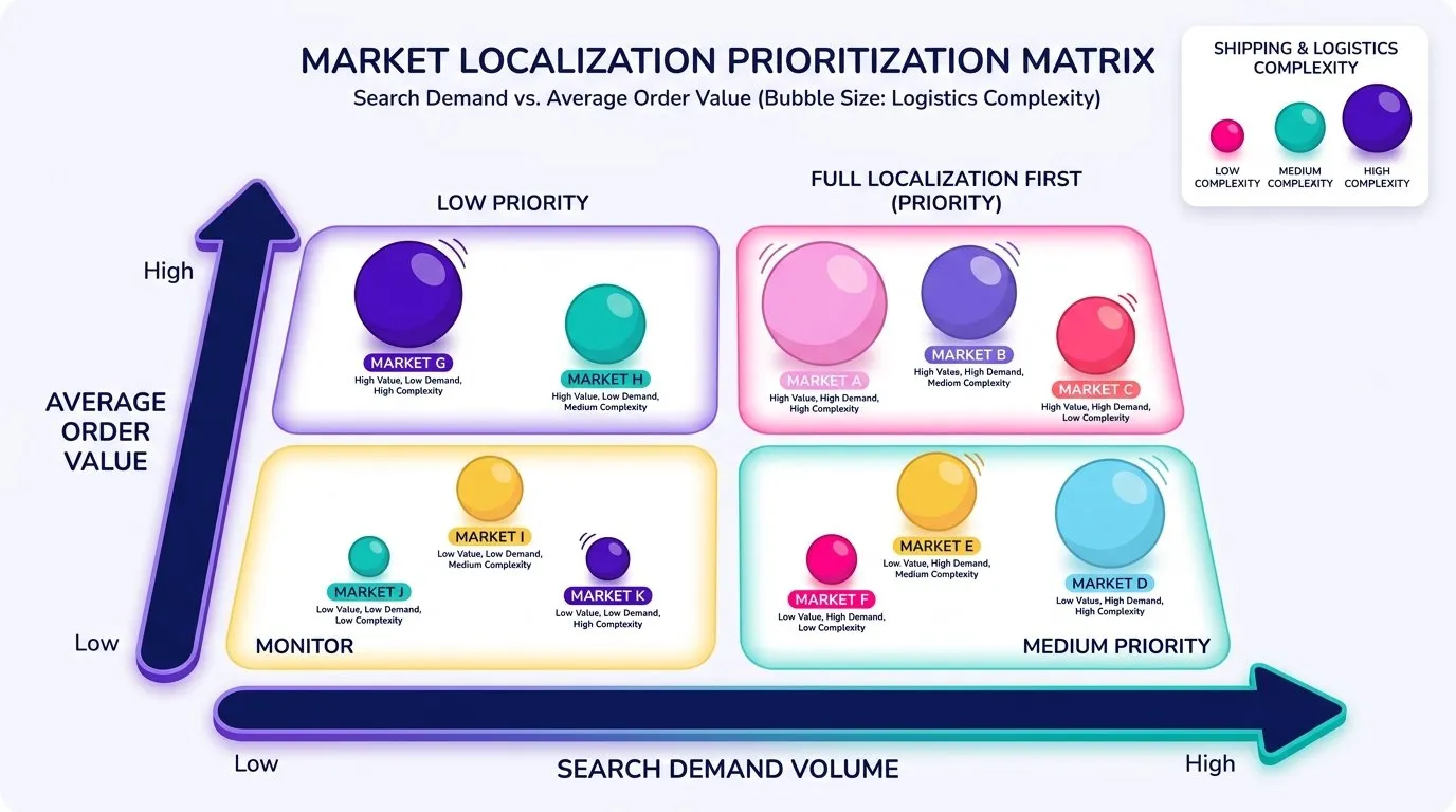 Decision matrix plotting search demand volume against average order value, with bubble size representing shipping and logistics complexity, used to prioritize which markets receive full localization first
