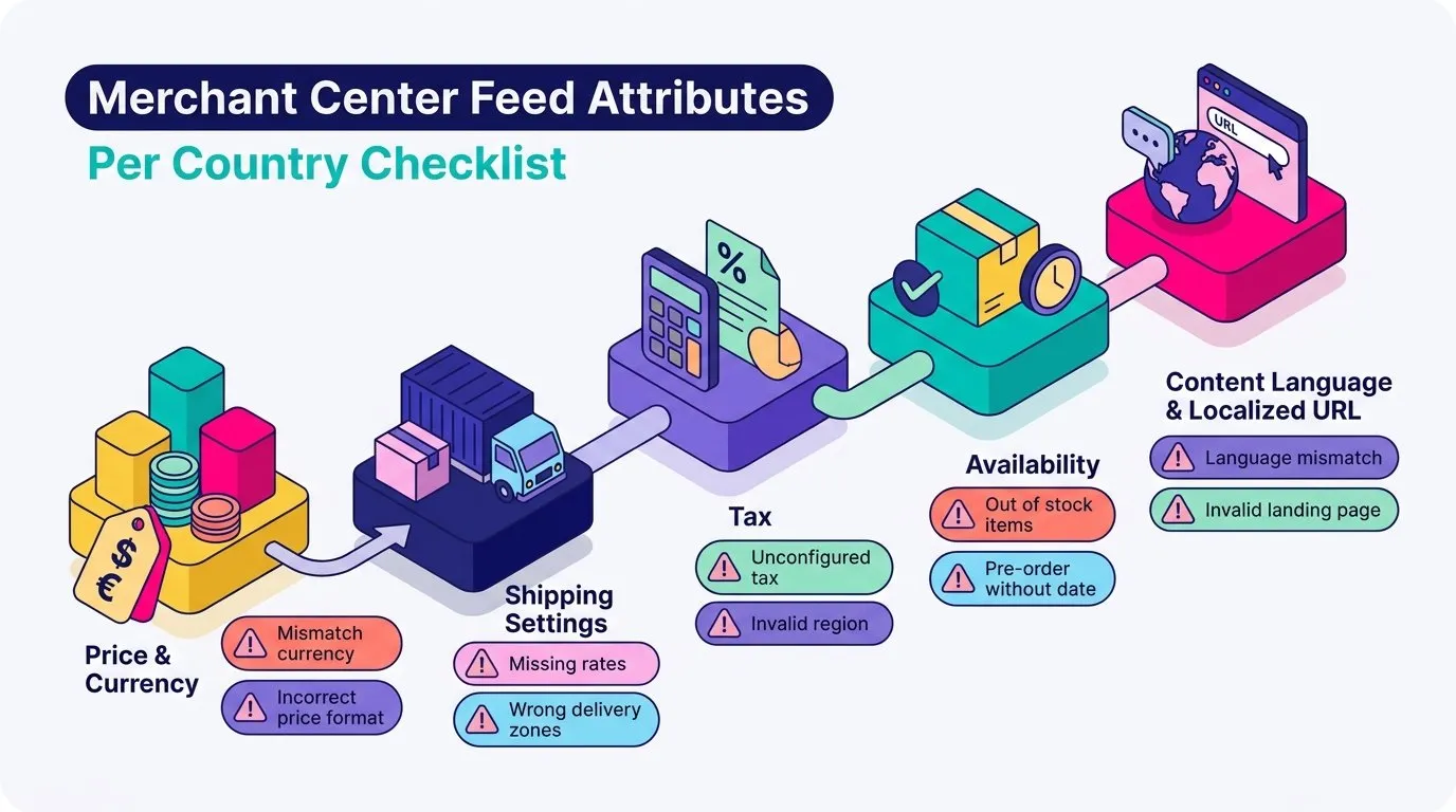 Checklist graphic listing Merchant Center feed attributes that must change per country, including price and currency, shipping settings, tax, availability, content language and localized product URL, with common rejection reasons noted beside each