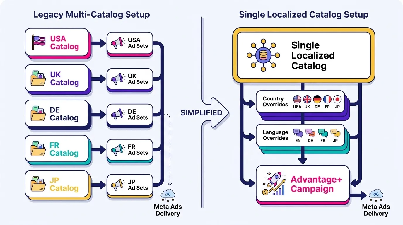 Side-by-side structural diagram comparing a legacy multi-catalog Meta setup, with five separate country catalogs each feeding its own ad sets, against a single localized catalog with country and language override layers feeding one Advantage+ campaign