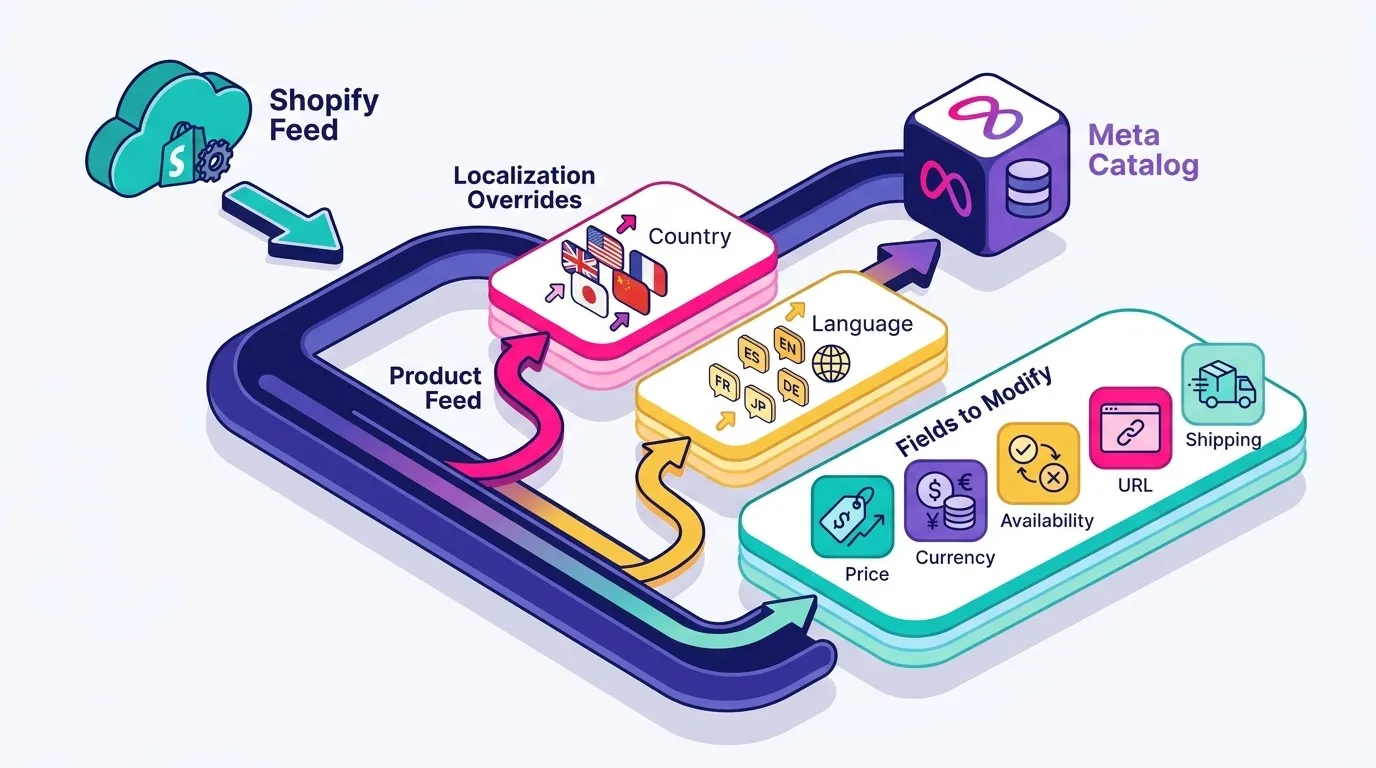 Clean flow diagram showing one primary product feed from Shopify feeding a single Meta catalog, with branching localization override layers for country and language that modify price, currency, availability, URL and shipping fields