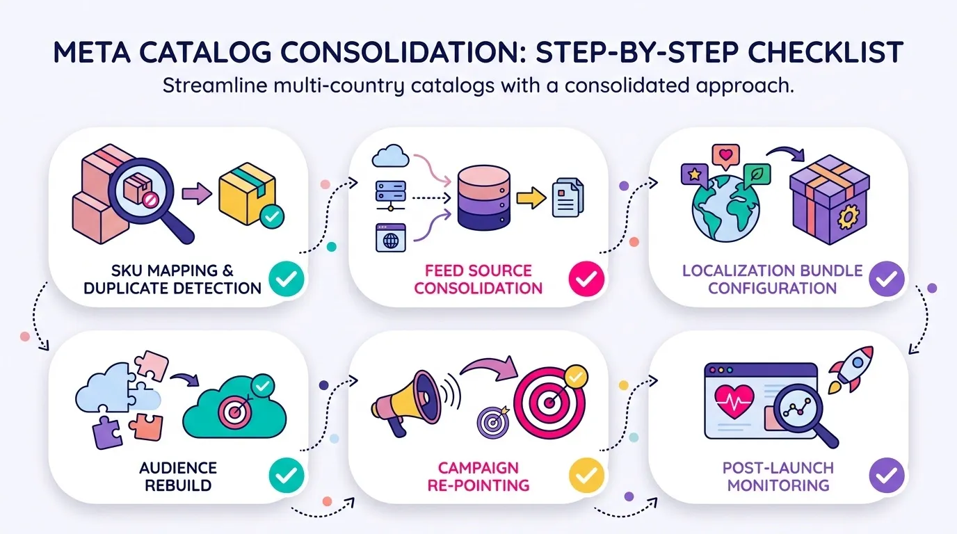 Vertical step-by-step checklist graphic for consolidating multi-country Meta catalogs: SKU mapping and duplicate detection, feed source consolidation, localization bundle configuration, audience rebuild, campaign re-pointing, post-launch monitoring