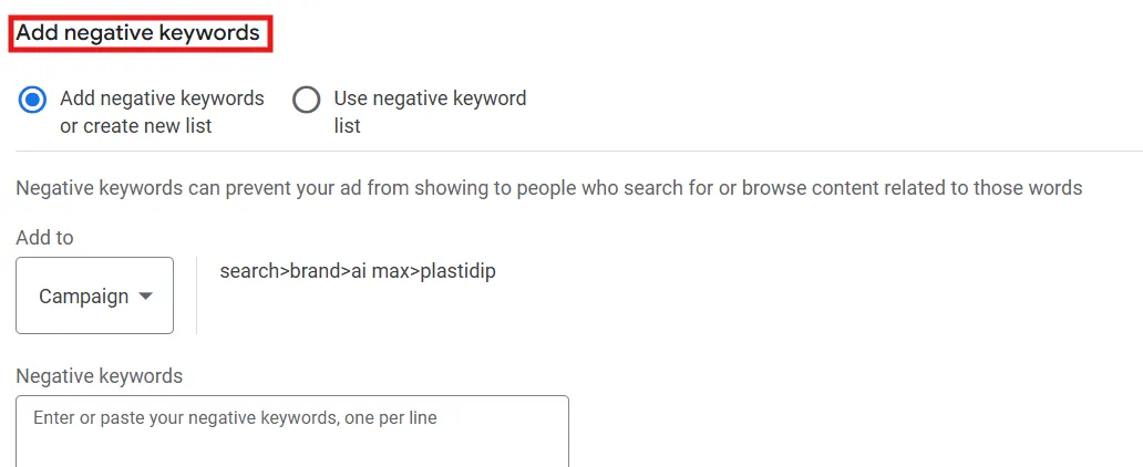ai max negative keywords