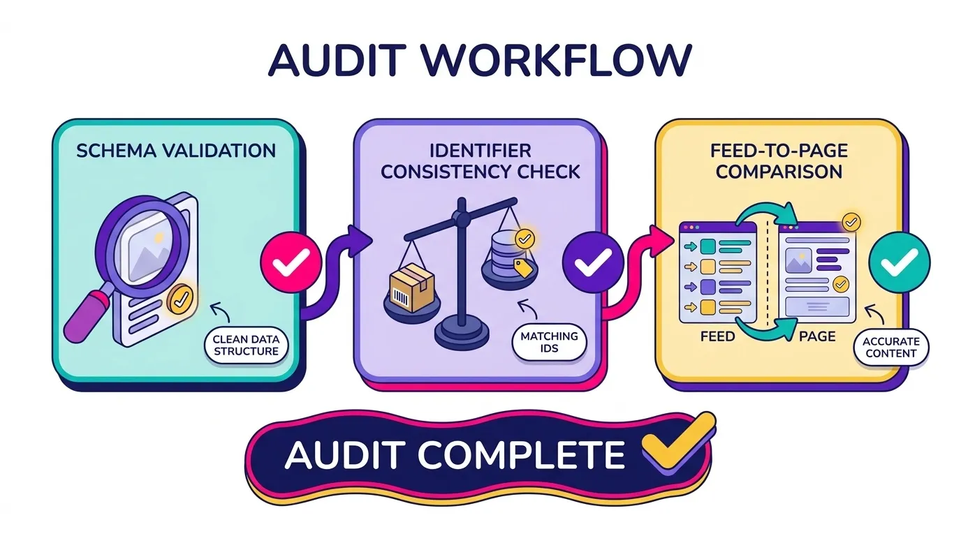 Checklist graphic showing a product detail page template audit workflow with schema validation, identifier consistency check, and feed-to-page comparison steps highlighted