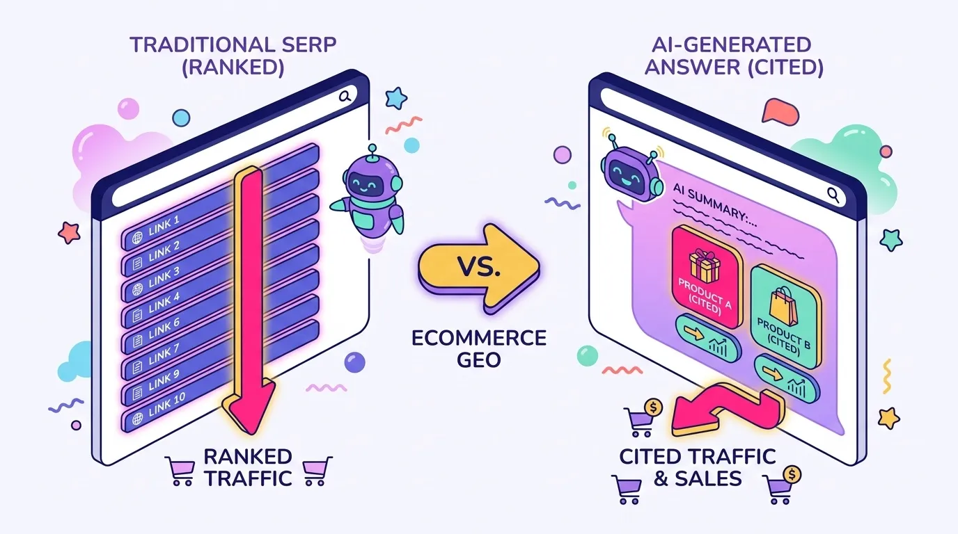 Side-by-side infographic comparing a traditional SERP with ten ranked blue links against an AI-generated answer citing two named products directly, illustrating the ranked vs cited distinction for ecommerce GEO