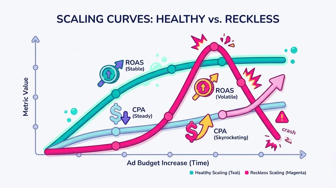 Line chart comparing a healthy scaling curve versus a reckless scaling curve, showing how ROAS and CPA behave as ad budget increases over time
