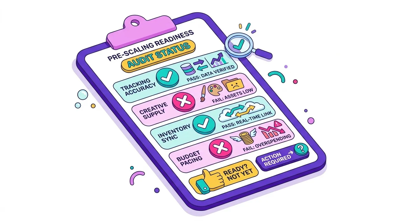 Checklist graphic showing pre-scaling readiness criteria: tracking accuracy, creative supply, inventory sync, and budget pacing, styled as a pass/fail audit sheet