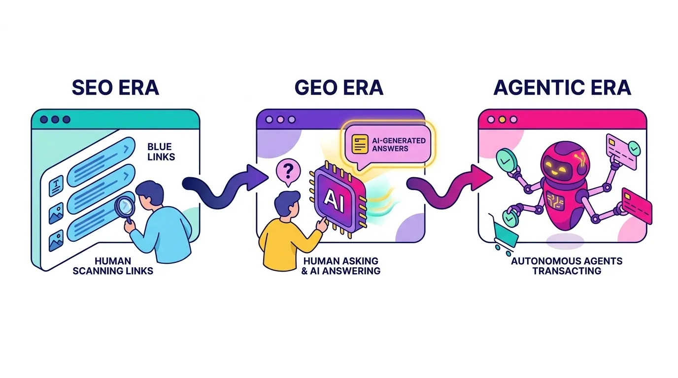 Timeline graphic showing the evolution from SEO era (blue links, human scanning) to GEO era (AI-generated answers, human asking) to Agentic era (autonomous agent selecting and transacting, no human scanning)