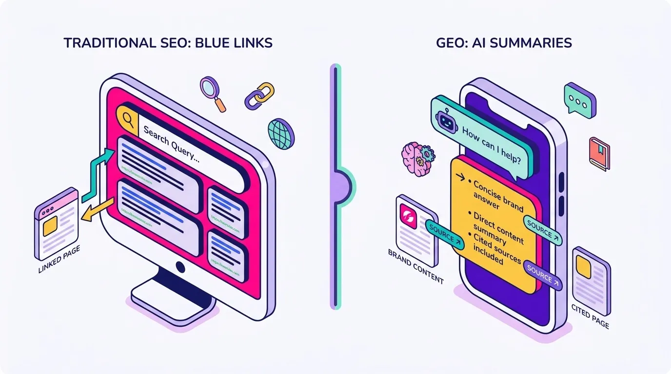 Split-screen diagram contrasting traditional SEO (search engine ranking a page in a list of blue links) on the left with GEO (an AI assistant citing and summarizing a brand's content directly inside a conversational answer) on the right