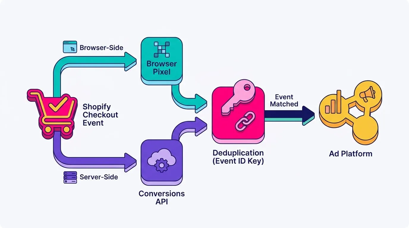 Flow diagram showing a Shopify checkout event travelling two paths, one browser-side to the pixel and one server-side to the Conversions API, meeting at a deduplication step keyed on event ID before reaching the ad platform