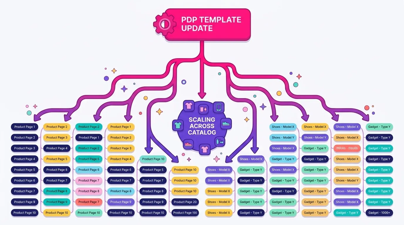 Flow diagram showing a single PDP template update at the top branching down into thousands of individual product pages simultaneously, illustrating how template-level fixes scale across large ecommerce catalogs