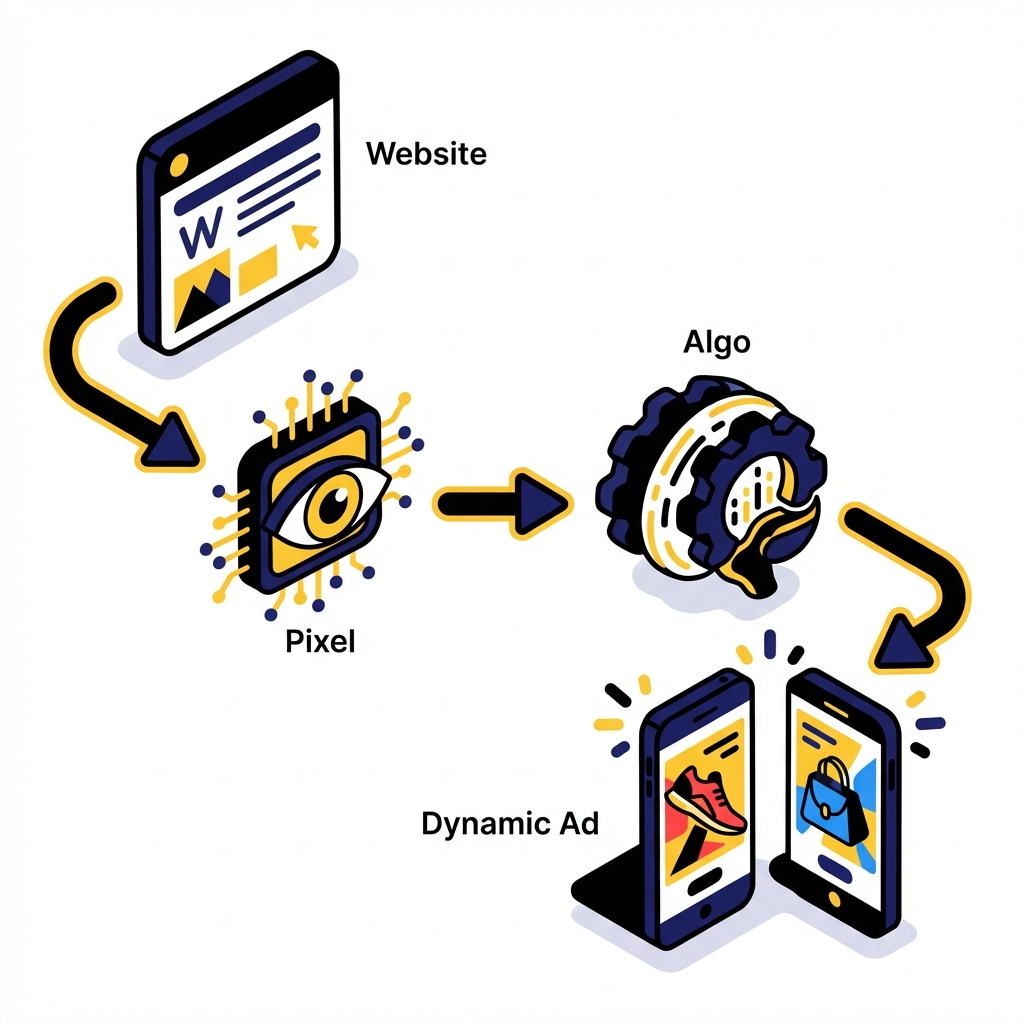 Data flow diagram showing website, pixel, algorithm, and dynamic ad generation