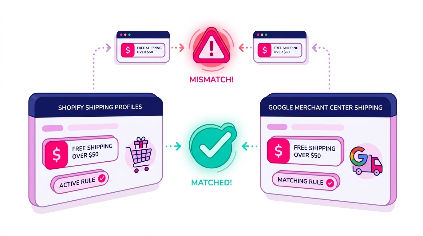 Comparison showing Shopify Shipping Profiles vs Google Merchant Center Shipping Rules