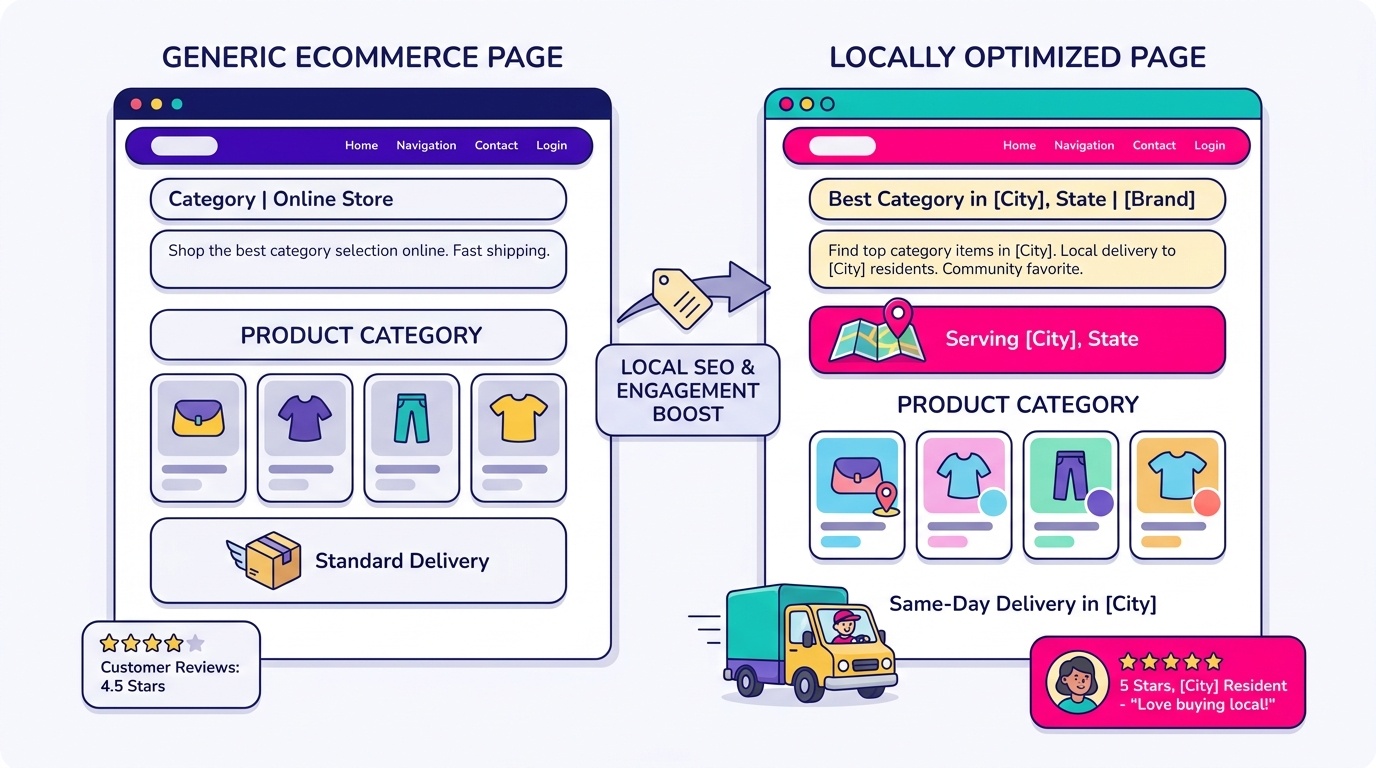 Side-by-side comparison of a generic eCommerce category page versus a locally optimized one, highlighting differences in title tag, meta description, local content block, delivery messaging, and location-specific reviews