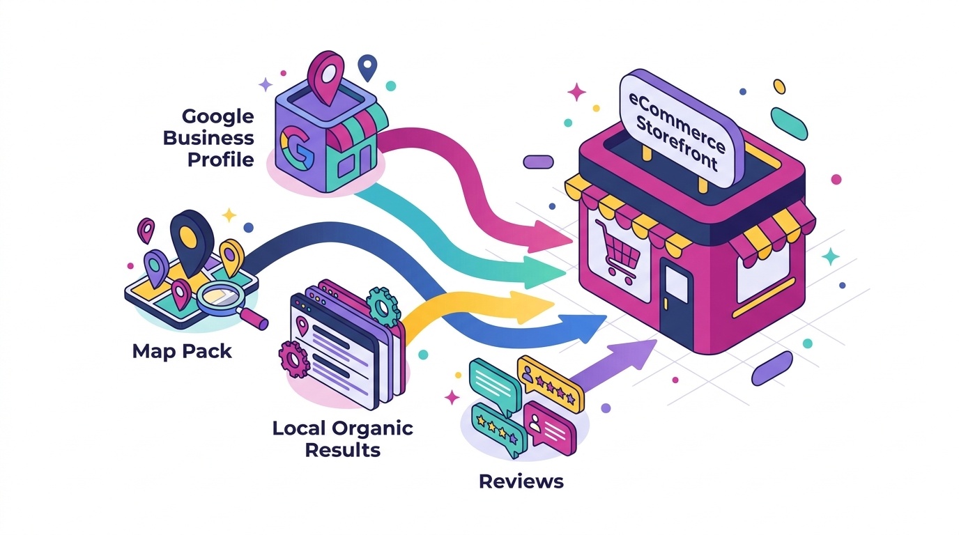 Diagram showing the Local SEO ecosystem: Google Business Profile, Map Pack, Local Organic Results, and Reviews all feeding into an eCommerce storefront