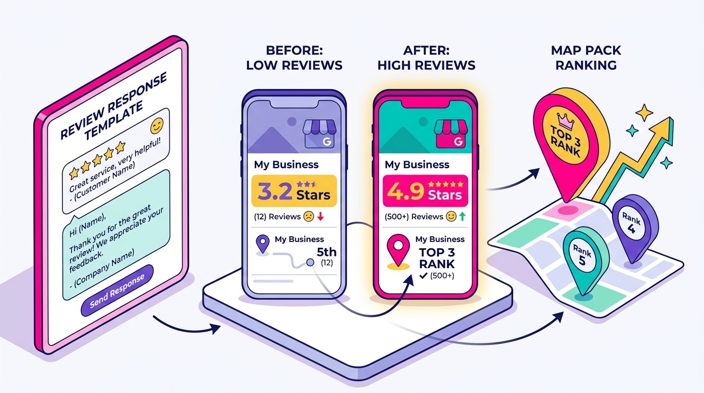 Mockup showing a review response template alongside a before/after comparison of a Google Business Profile with low versus high review count, illustrating the Map Pack ranking difference