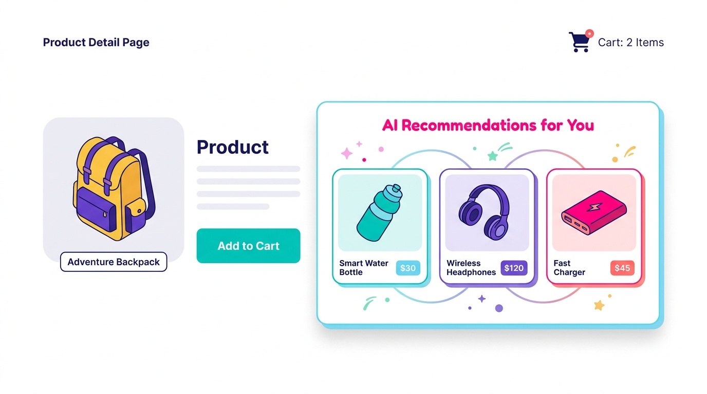 Screenshot-style mockup of an AI-powered product recommendation widget displayed on a Shopify product detail page, showing personalized cross-sell items based on cart contents