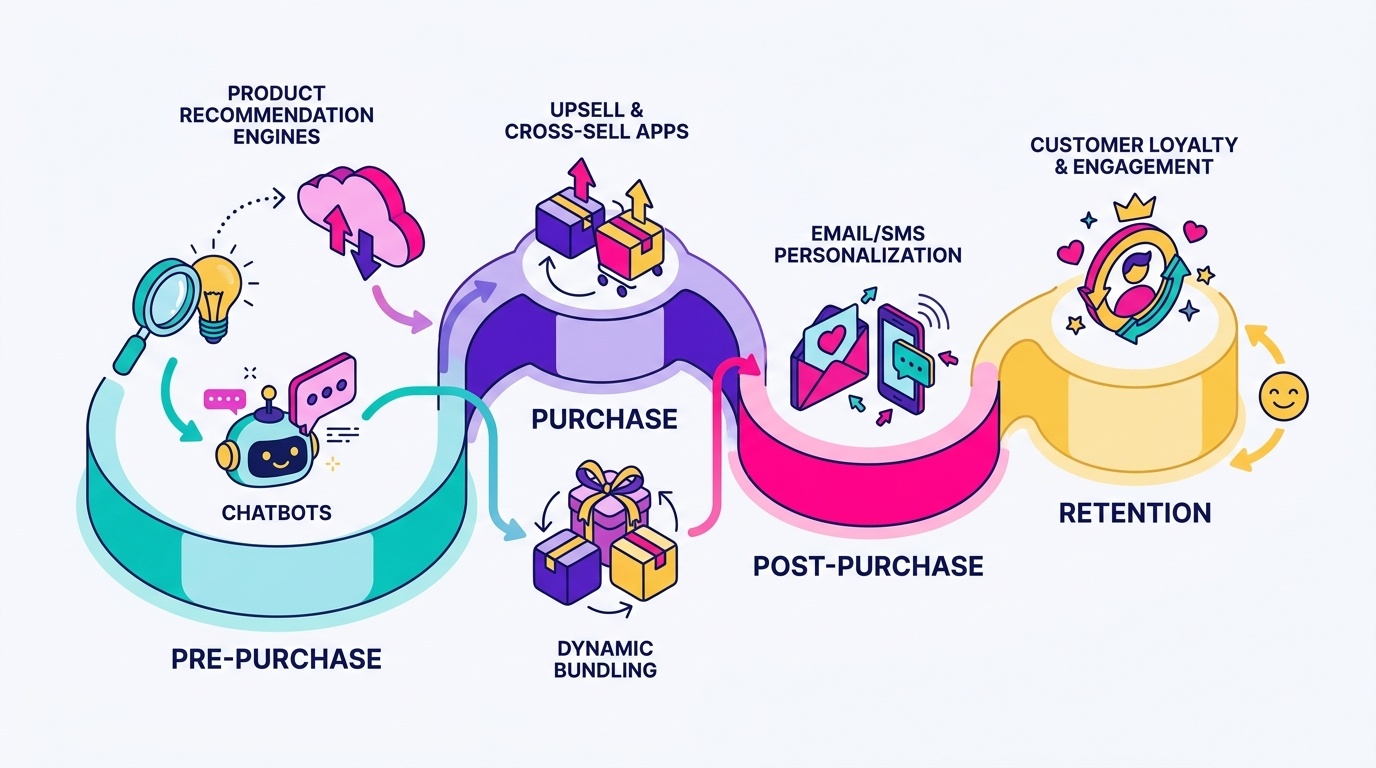 Infographic mapping five AI tool categories, product recommendation engines, upsell and cross-sell apps, chatbots, dynamic bundling, and email/SMS personalization, onto the customer funnel from pre-purchase to post-purchase retention