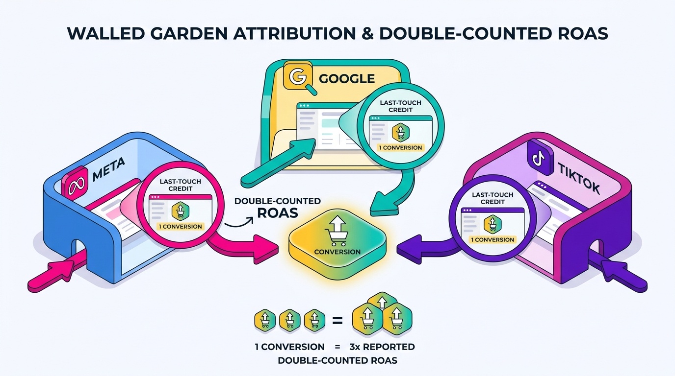 Diagram showing Meta, Google, and TikTok each claiming last-touch credit for the same conversion inside their own walled-garden reporting, illustrating double-counted ROAS across platforms