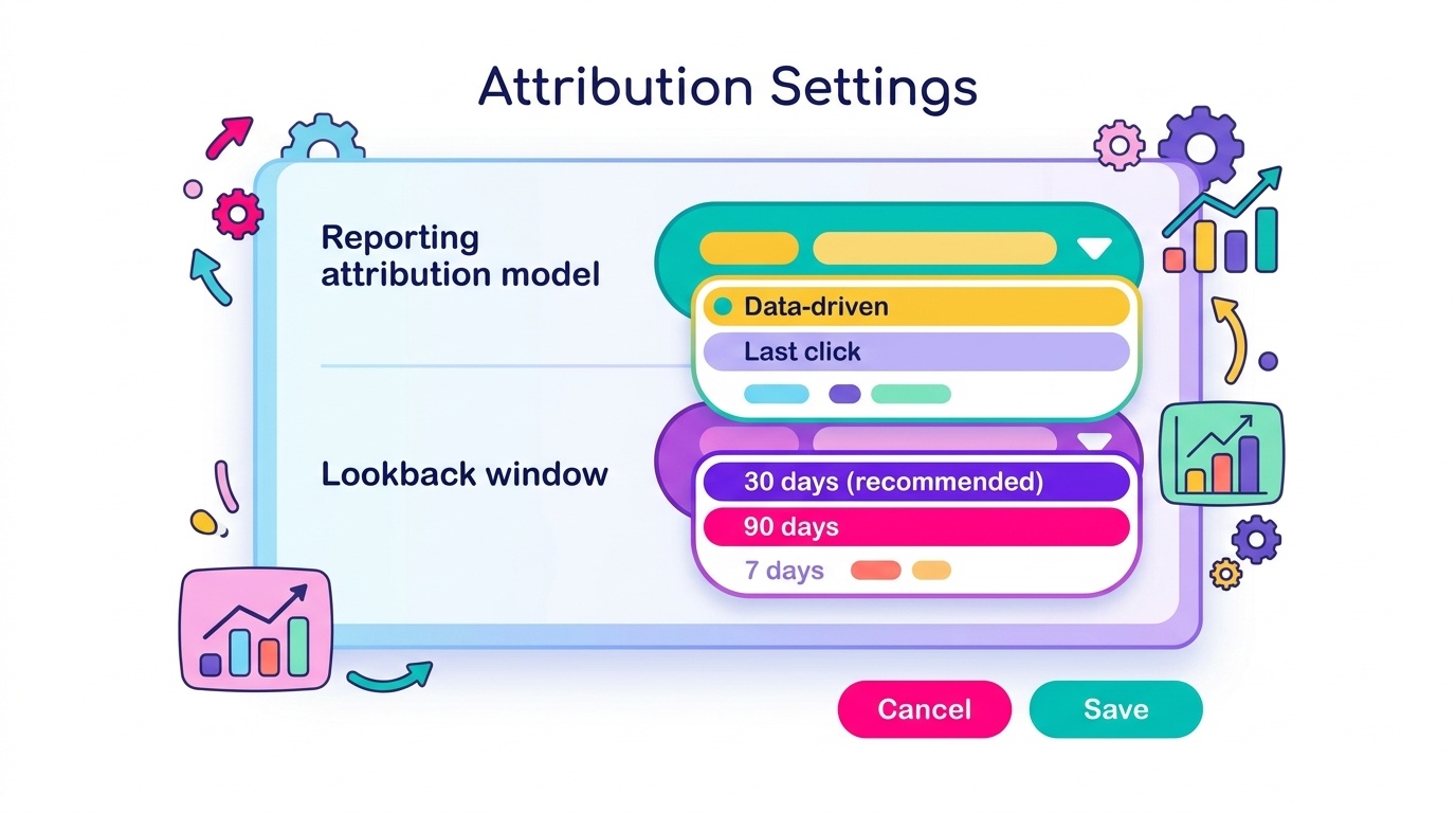 Screenshot mockup of the GA4 Admin panel showing the Attribution Settings page with reporting attribution model dropdown set to Data-driven and lookback window options visible