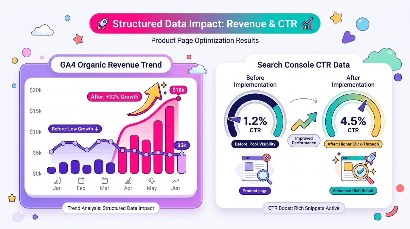 Dashboard mockup showing GA4 organic revenue trend alongside Search Console CTR data for a product page before and after structured data implementation