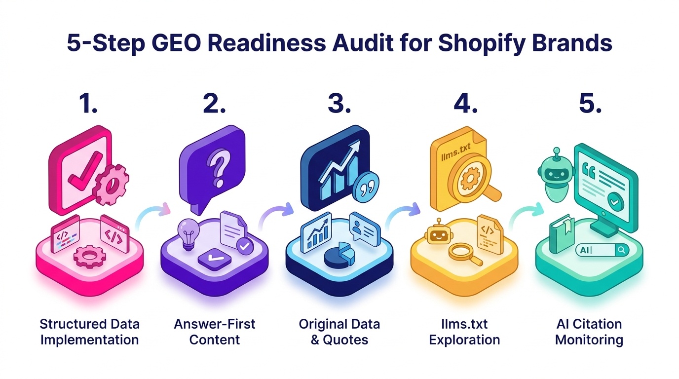 Clean checklist infographic titled "5-Step GEO Readiness Audit for Shopify Brands" listing structured data, answer-first paragraphs, original data and quotes, llms.txt exploration, and AI citation monitoring as five numbered steps