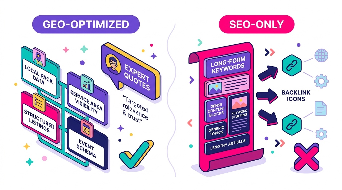 Split callout graphic comparing two example brand approaches side by side, one labeled GEO-optimized with structured comparison tables and expert quotes highlighted, the other labeled SEO-only with long-form keyword-heavy blog content and backlink icons highlighted
