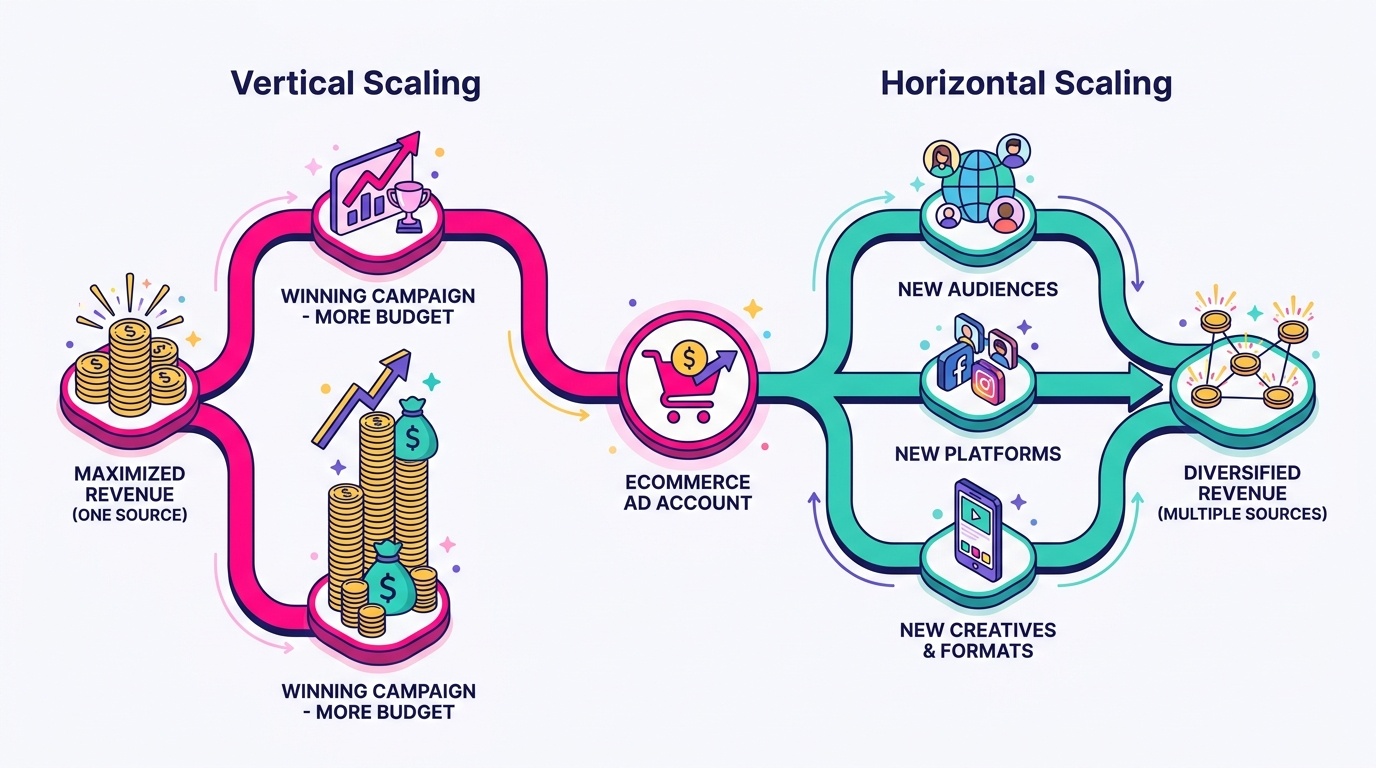 Split-path diagram illustrating vertical scaling (increasing budget on one winning campaign) versus horizontal scaling (expanding into new audiences and platforms) for ecommerce ad accounts