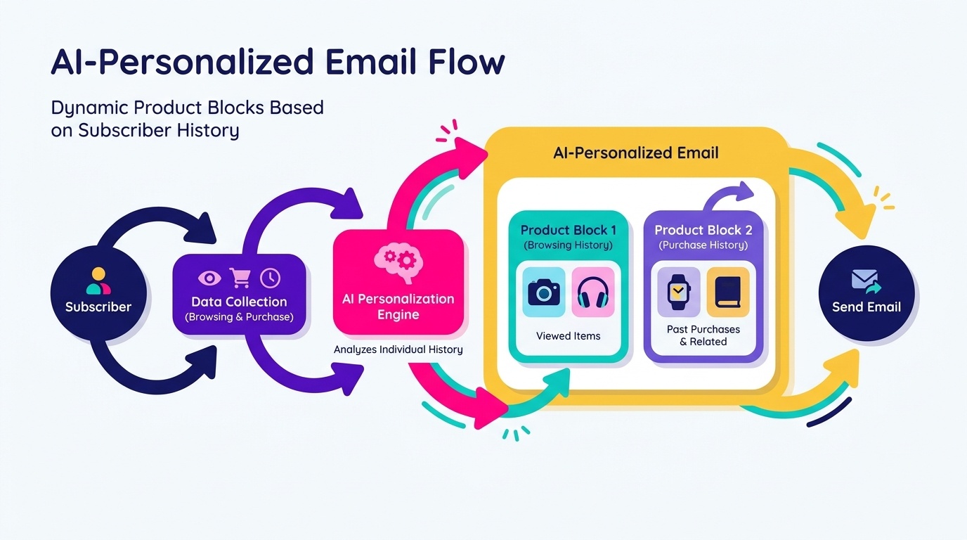 Diagram showing an AI-personalized email flow with dynamic product blocks changing based on individual subscriber browsing and purchase history